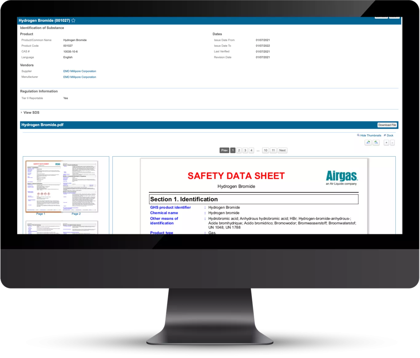 Screenshot of Safety data sheets in Origami's EHS suite