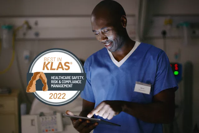 Man on tablet by 2022 Best in KLAS Award logo
