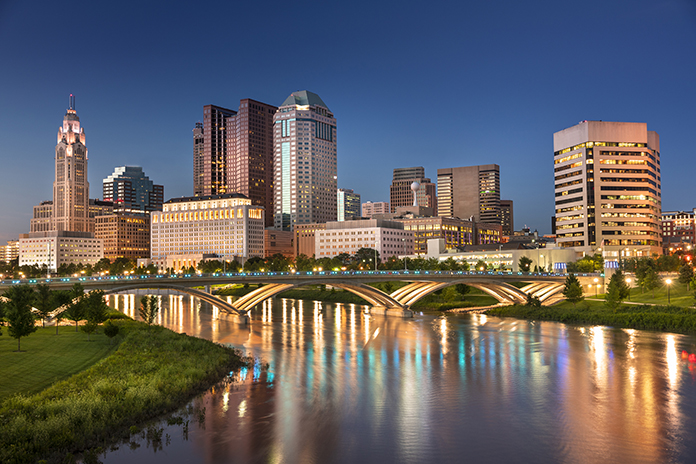 Downtown city skyline view of Columbus Ohio USA at night