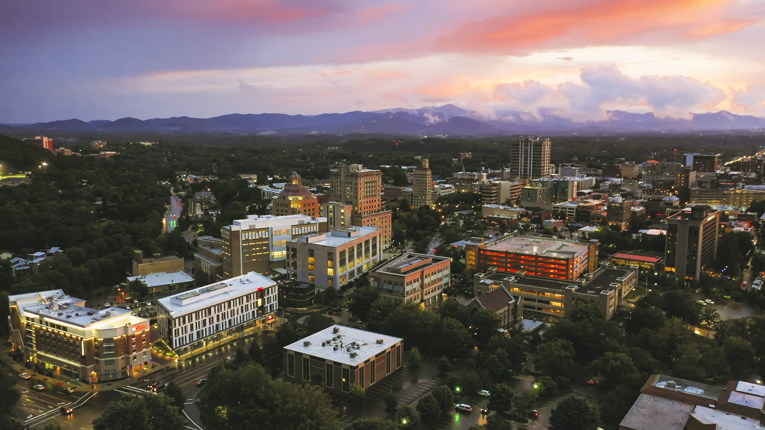 Asheville city downtown during sunset North Carolina Aerial view