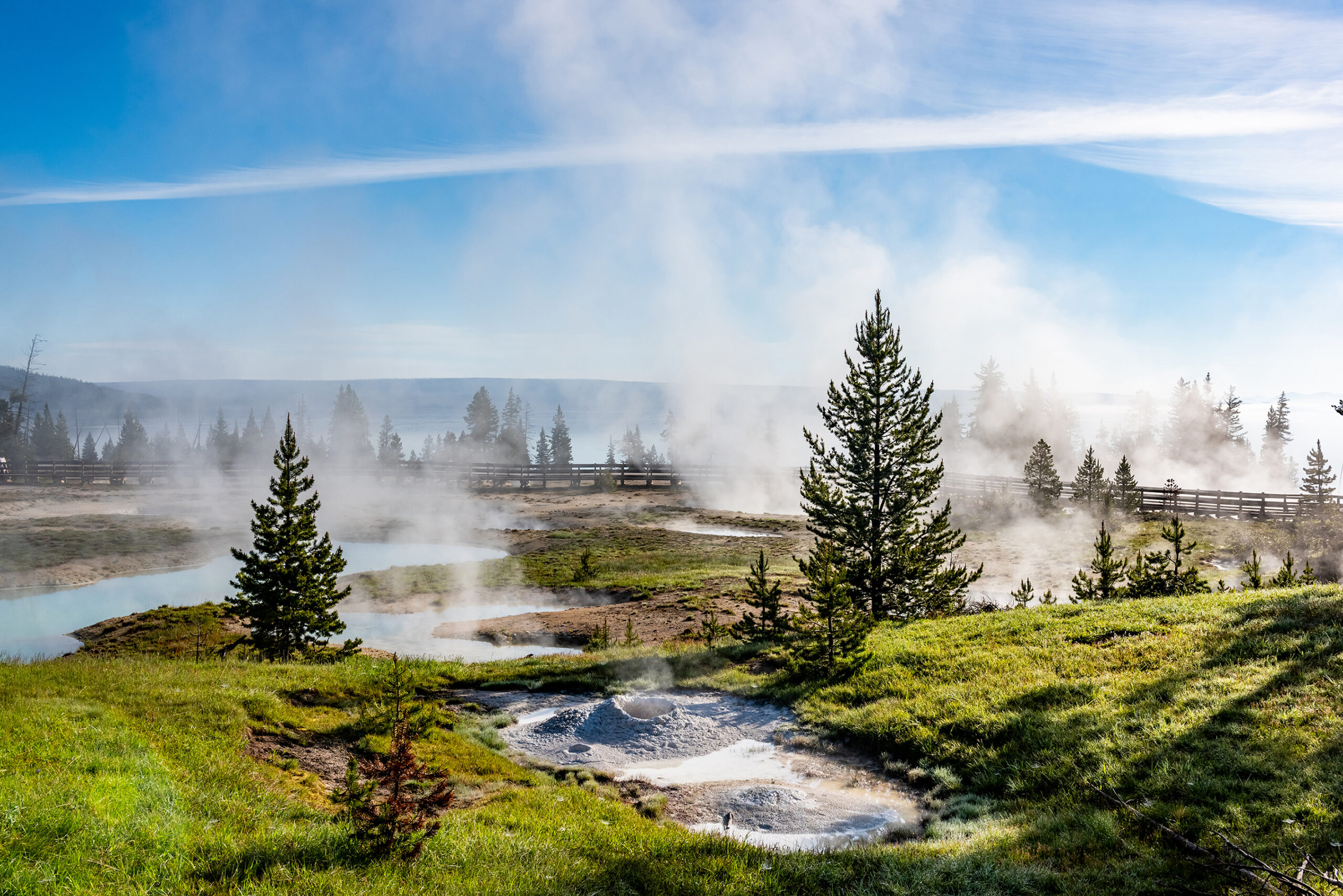Yellowstone Lake and Thumb Geyser view in Yellowstone National Park, Wyoming, USA